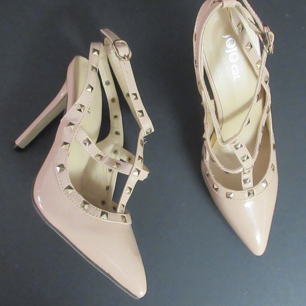 Jojo Cat Blush Nude Strappy Studded Pumps Stiletto